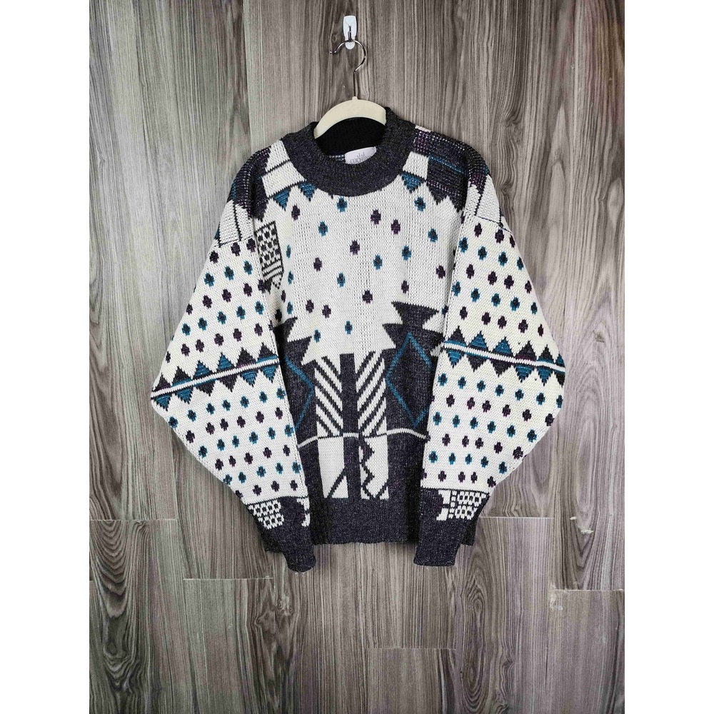 Vintage JJ Cochran Mens Geometric Abstract Knit Sweater Made in USA 80s 90s L